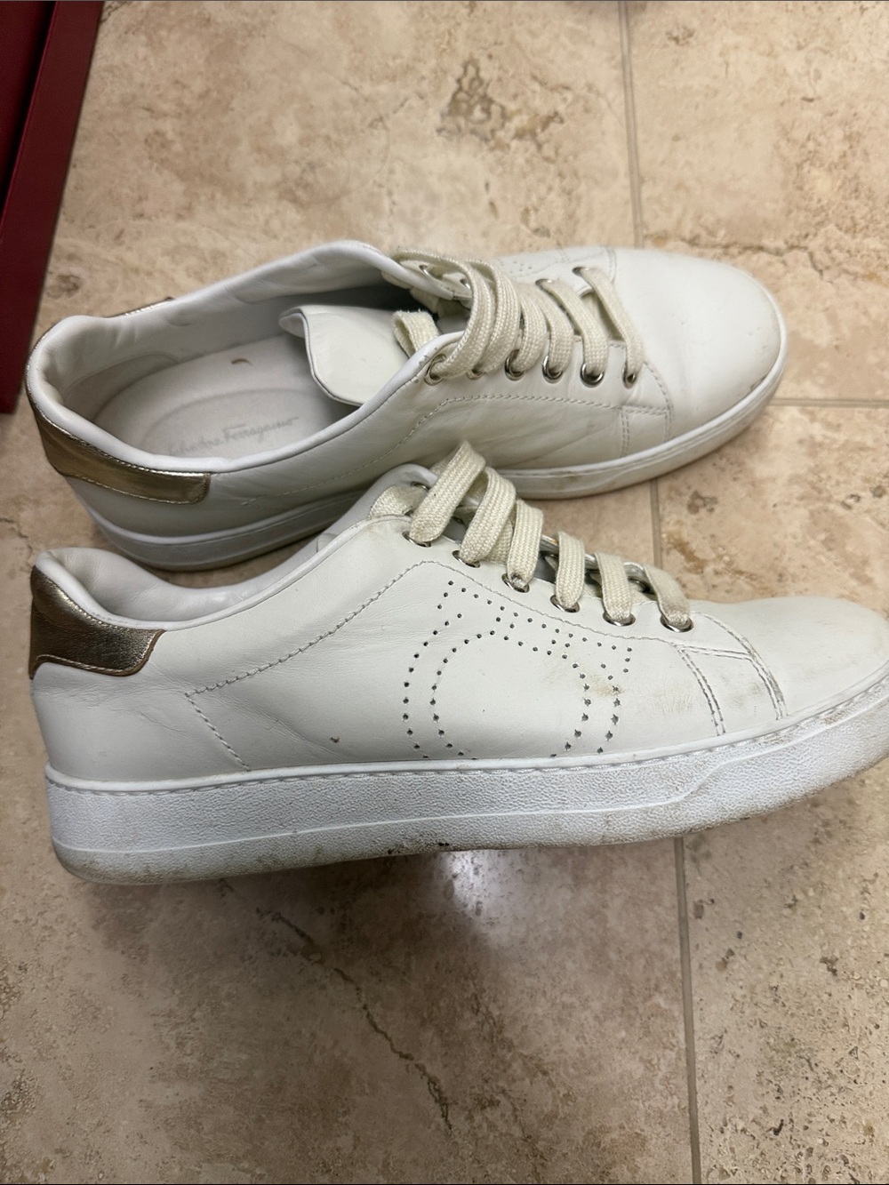 Salvatore Ferragamo White Leather Sneakers with Gold Heel Tab
